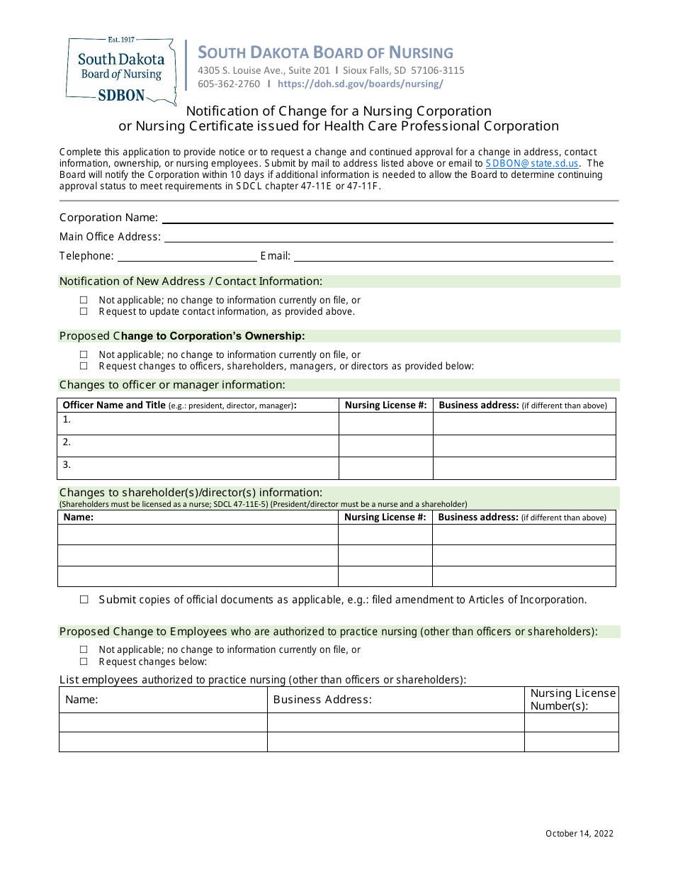 Notification of Change for a Nursing Corporation or Nursing Certificate Issued for Health Care Professional Corporation - South Dakota, Page 1