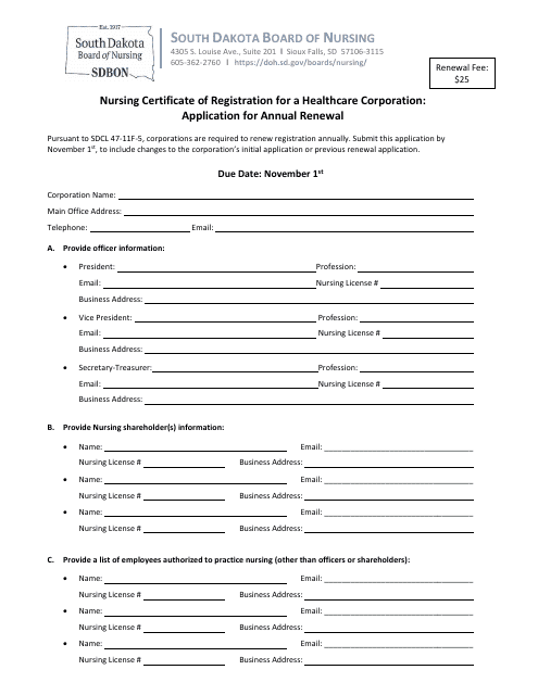 Nursing Certificate of Registration for a Healthcare Corporation: Application for Annual Renewal - South Dakota Download Pdf