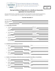 Nursing Certificate of Registration for a Healthcare Corporation: Application for Annual Renewal - South Dakota