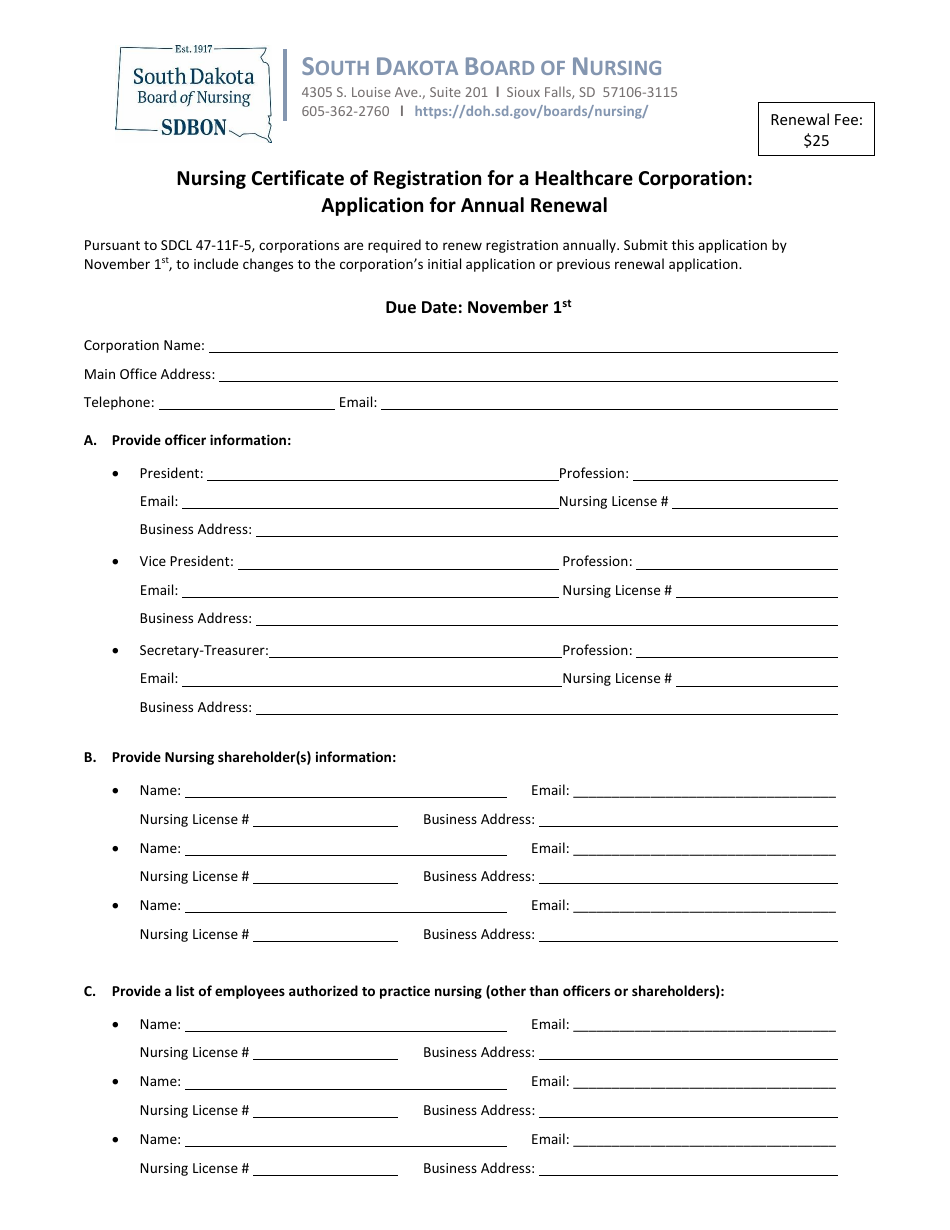 Nursing Certificate of Registration for a Healthcare Corporation: Application for Annual Renewal - South Dakota, Page 1