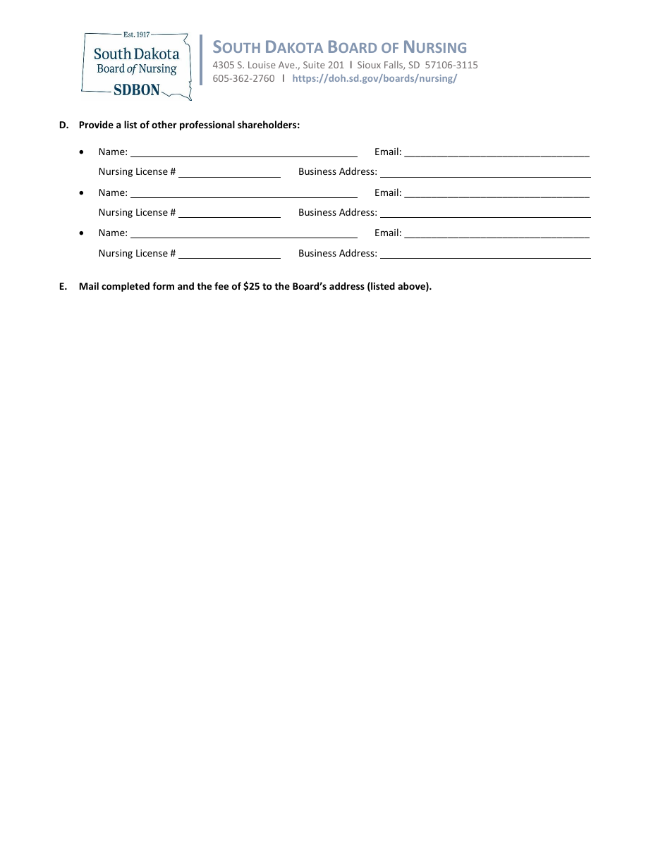 Nursing Certificate of Registration for a Healthcare Corporation: Application for Annual Renewal - South Dakota, Page 2