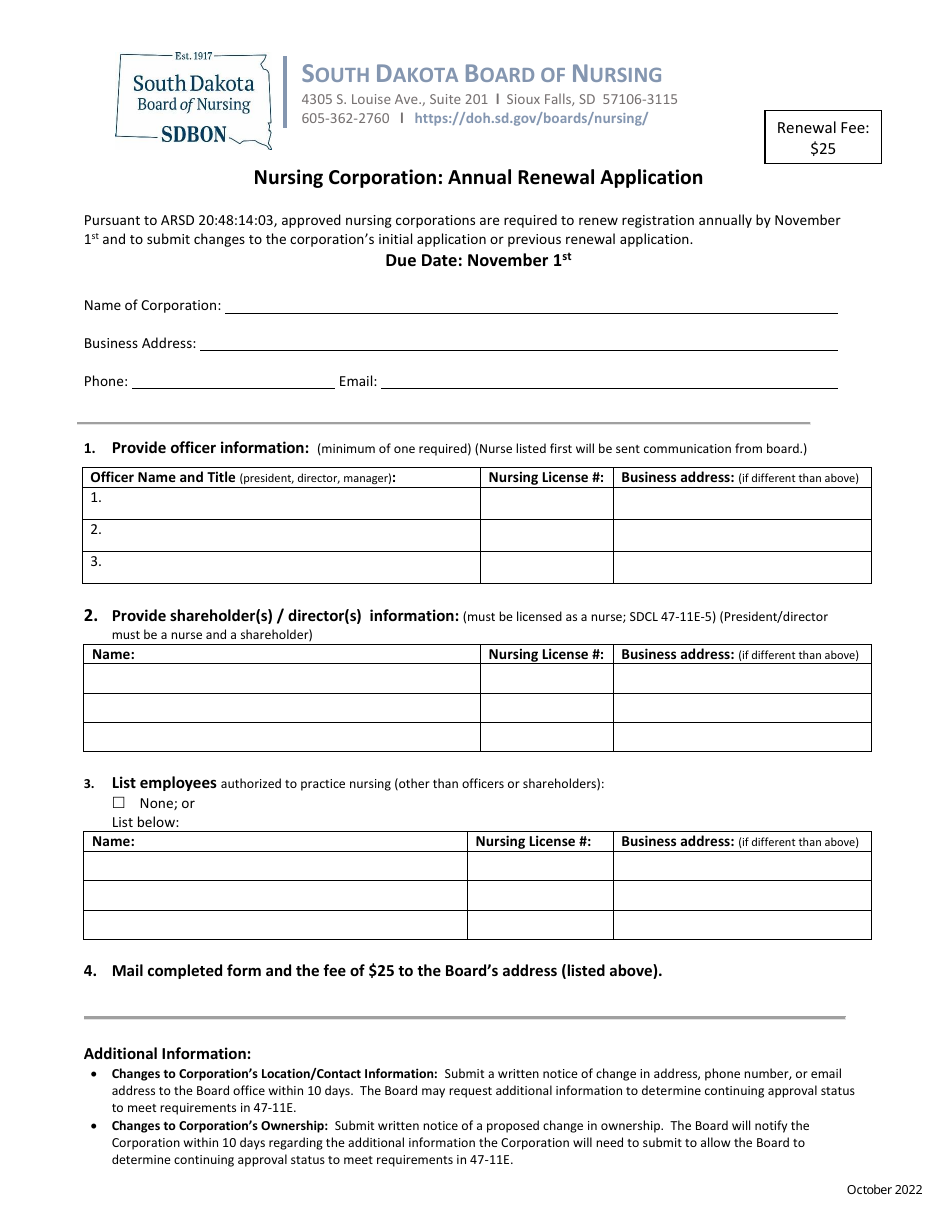 Annual Renewal Application - Nursing Corporation - South Dakota, Page 1