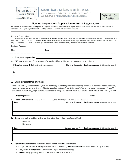 Application for Initial Registration - Nursing Corporation - South Dakota Download Pdf