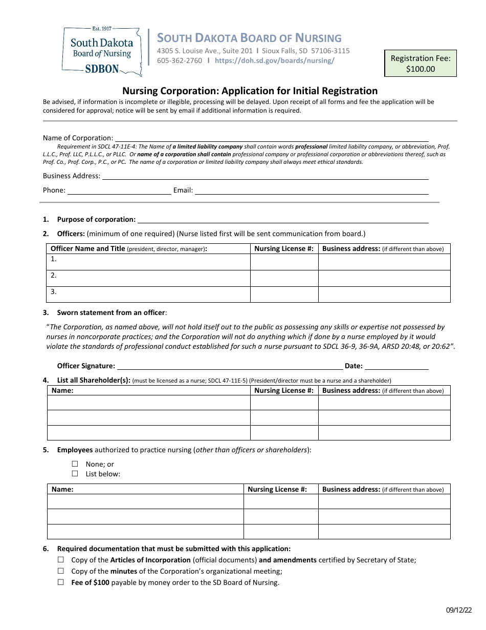 South Dakota Application for Initial Registration Nursing Corporation