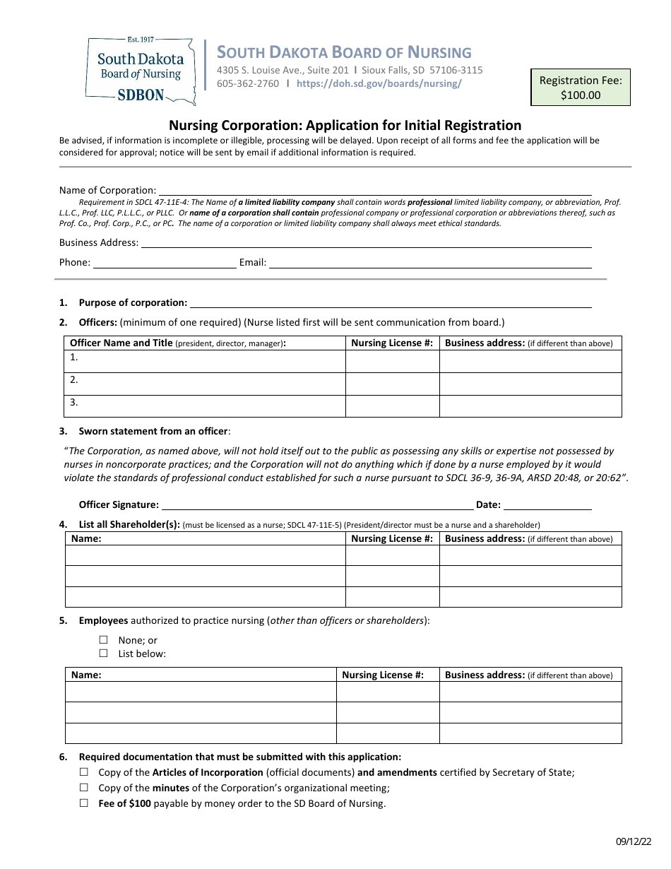 Application for Initial Registration - Nursing Corporation - South Dakota, Page 1