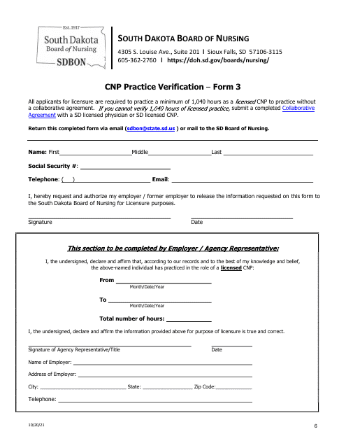 Form 3 Cnp Practice Verification Form - South Dakota