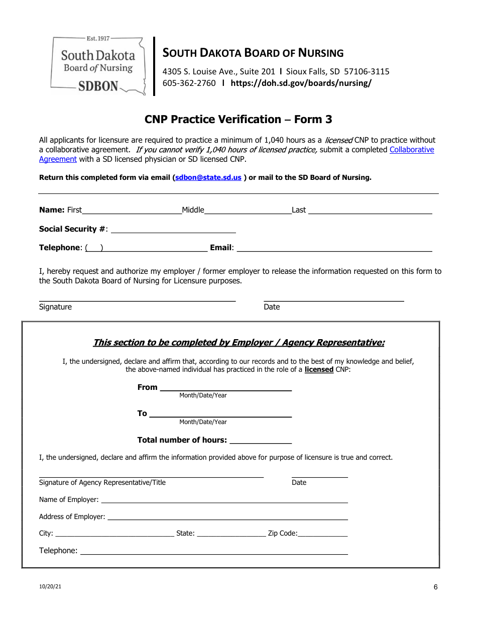 Form 3 Cnp Practice Verification Form - South Dakota, Page 1