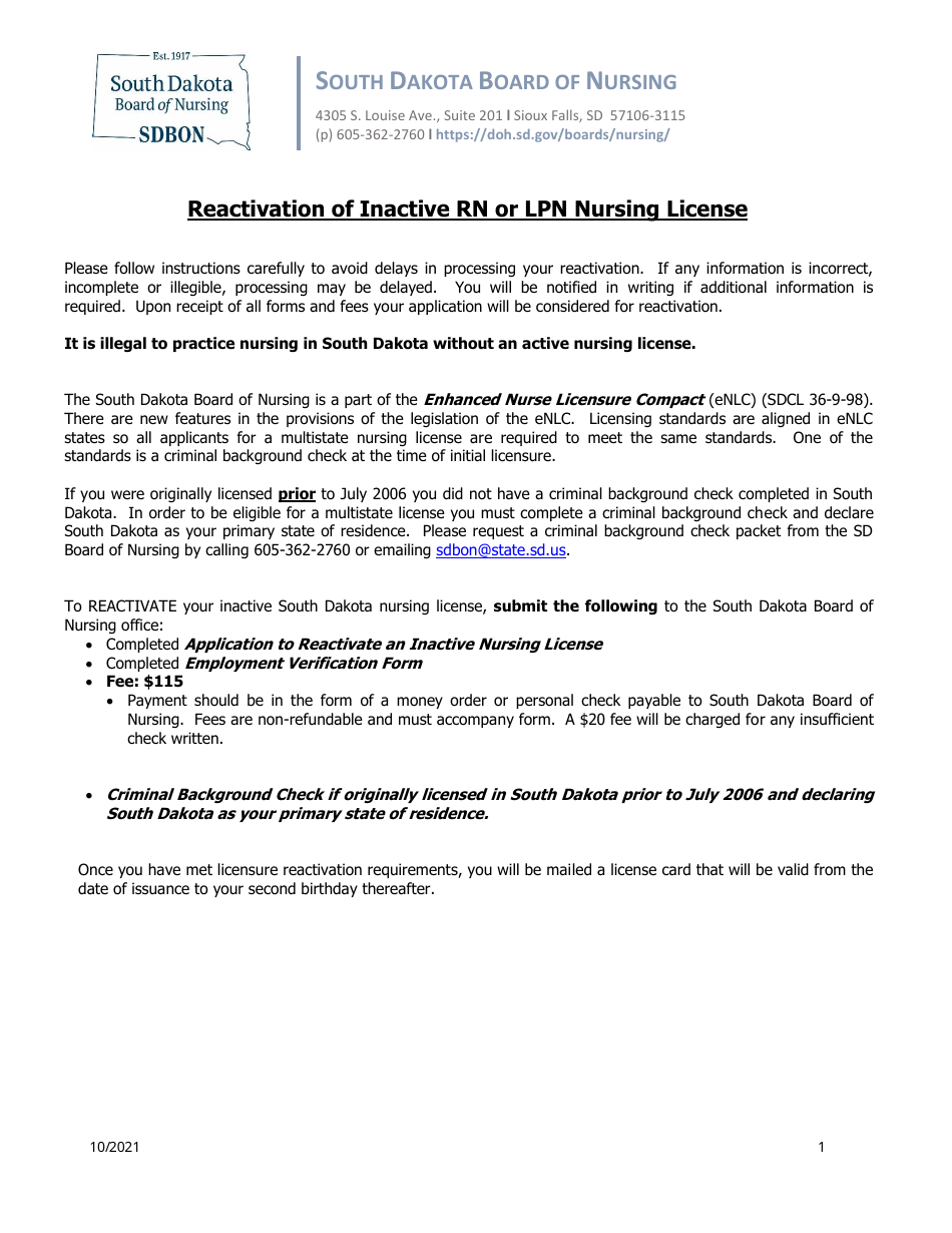 South Dakota Application to Reactivate an Rn or Lpn Inactive Nursing License Fill Out, Sign