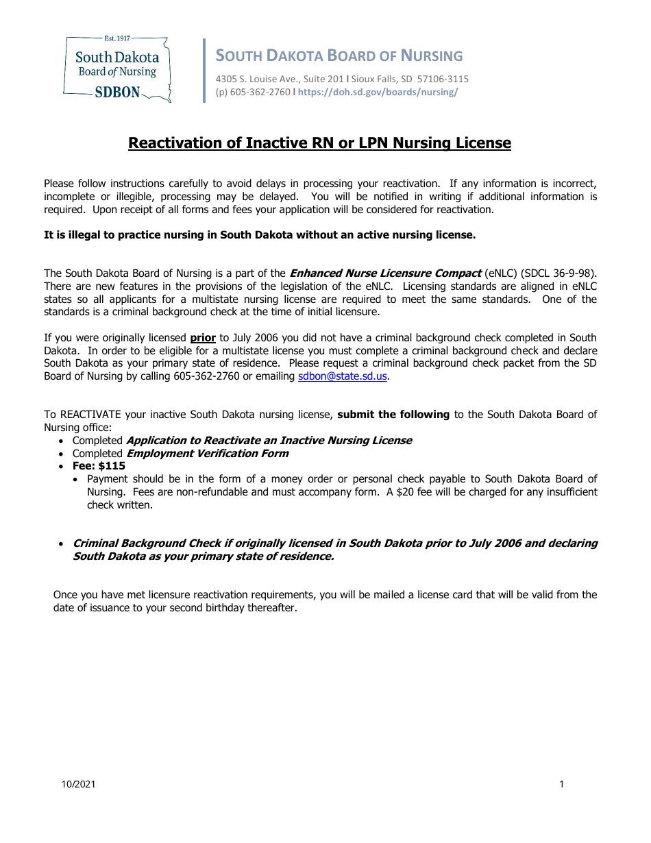 Application to Reactivate an Rn or Lpn Inactive Nursing License - South Dakota, Page 1