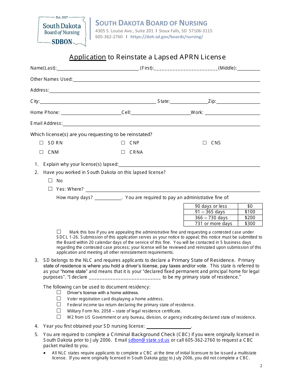 Application to Reinstate a Lapsed Aprn License - South Dakota, Page 2
