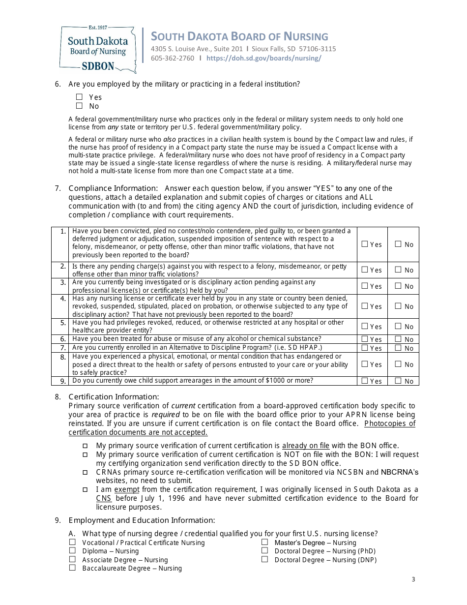 Application to Reinstate a Lapsed Aprn License - South Dakota, Page 3
