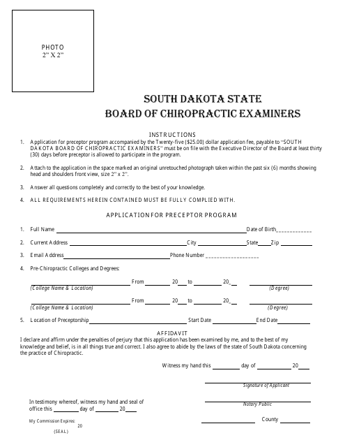 Application for Preceptor Program - Board of Chiropractic Examiners - South Dakota Download Pdf