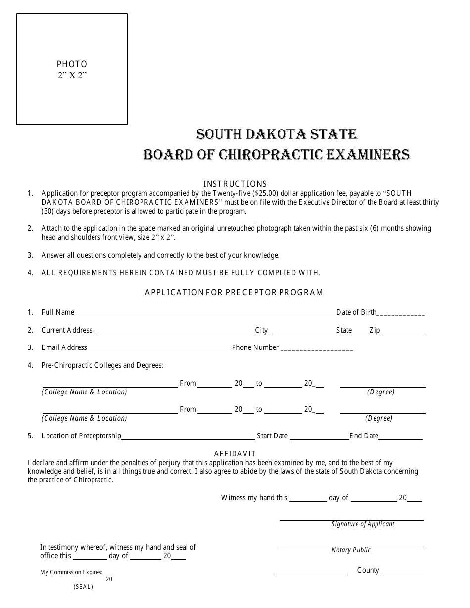 Application for Preceptor Program - Board of Chiropractic Examiners - South Dakota, Page 1
