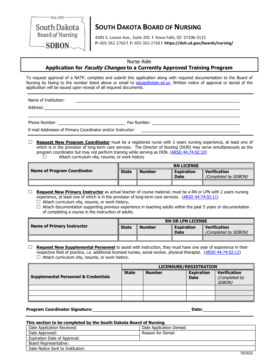 Application for Faculty Changes to a Currently Approved Training Program - South Dakota, Page 1