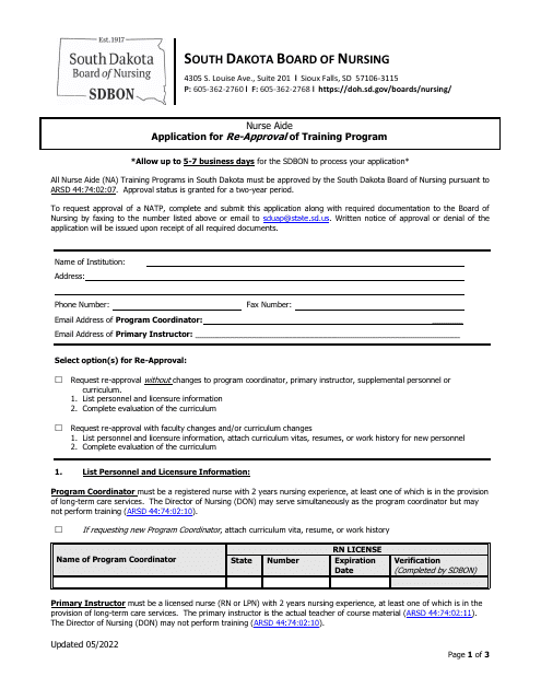 Application for Re-approval of Training Program - South Dakota