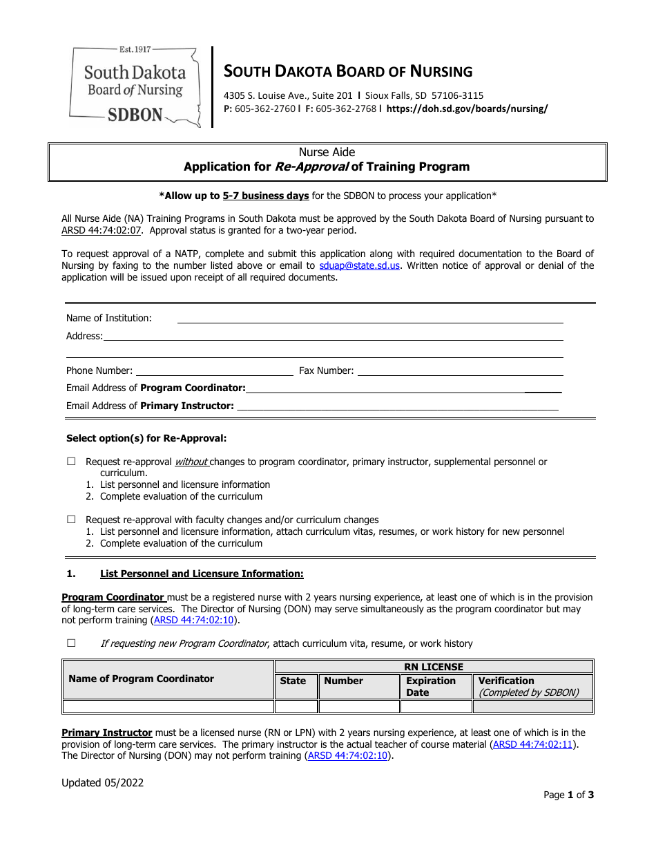 Application for Re-approval of Training Program - South Dakota, Page 1