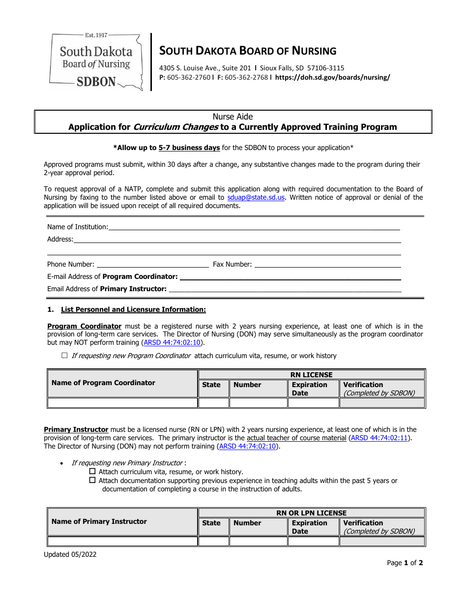 Application for Curriculum Changes to a Currently Approved Training Program - South Dakota, Page 1