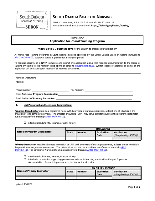 Application for Initial Training Program - South Dakota Download Pdf