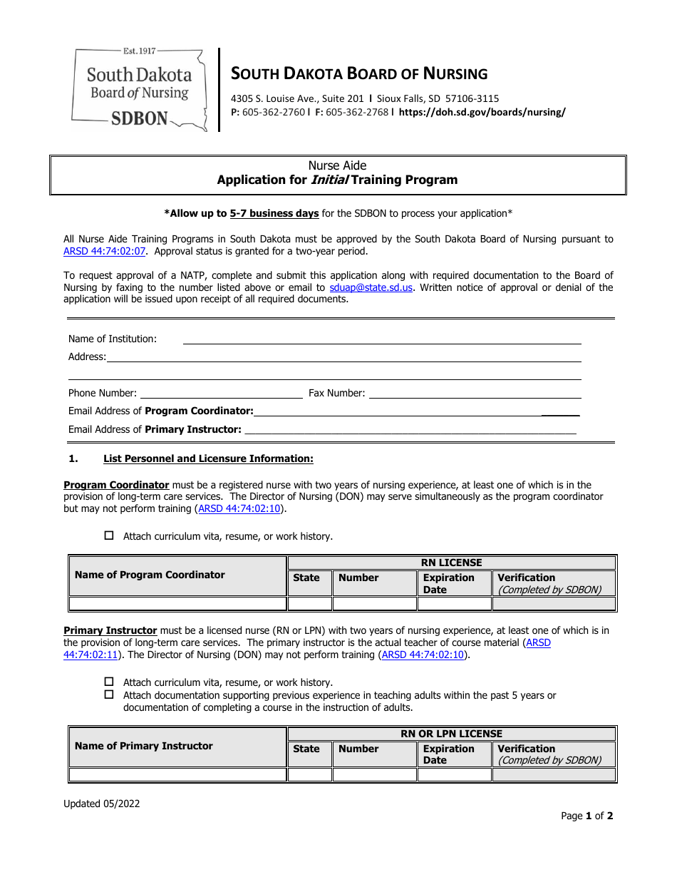 Application for Initial Training Program - South Dakota, Page 1