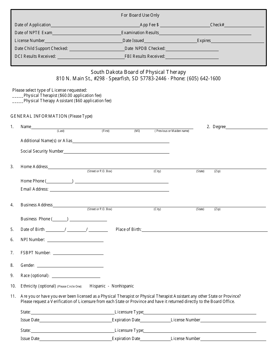 Physical Therapy License Application - South Dakota, Page 1