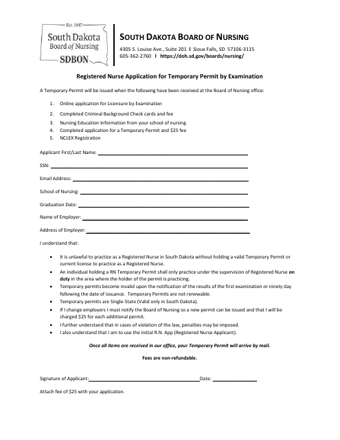 Registered Nurse Application for Temporary Permit by Examination - South Dakota Download Pdf