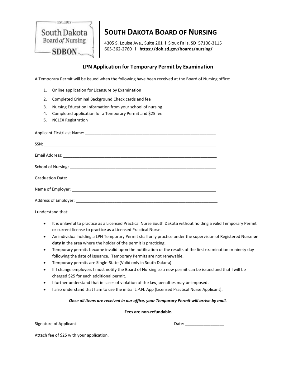 Lpn Application for Temporary Permit by Examination - South Dakota, Page 1