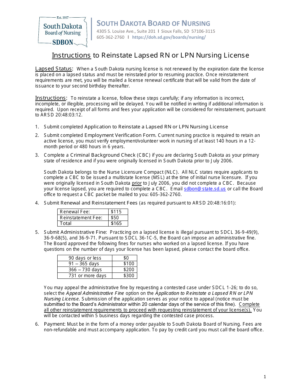 Application to Reinstate a Lapsed Rn or Lpn Nursing License - South Dakota, Page 1
