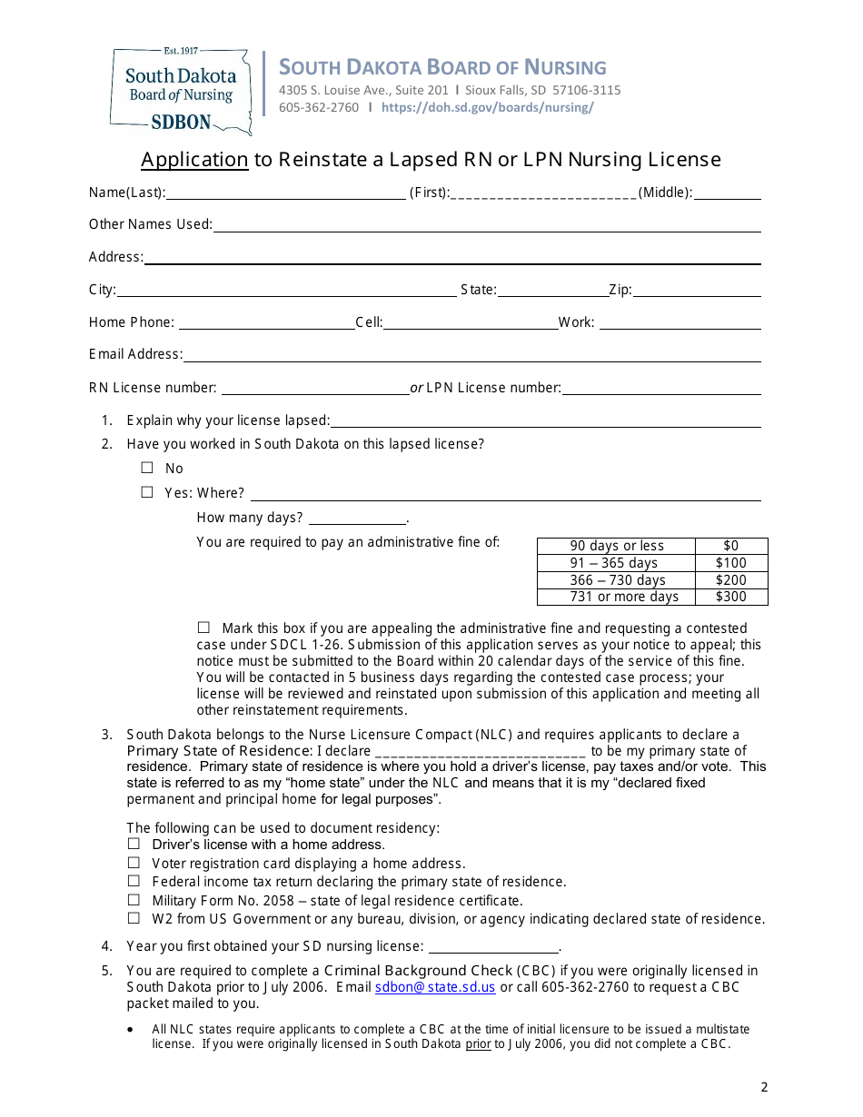 Application to Reinstate a Lapsed Rn or Lpn Nursing License - South Dakota, Page 2