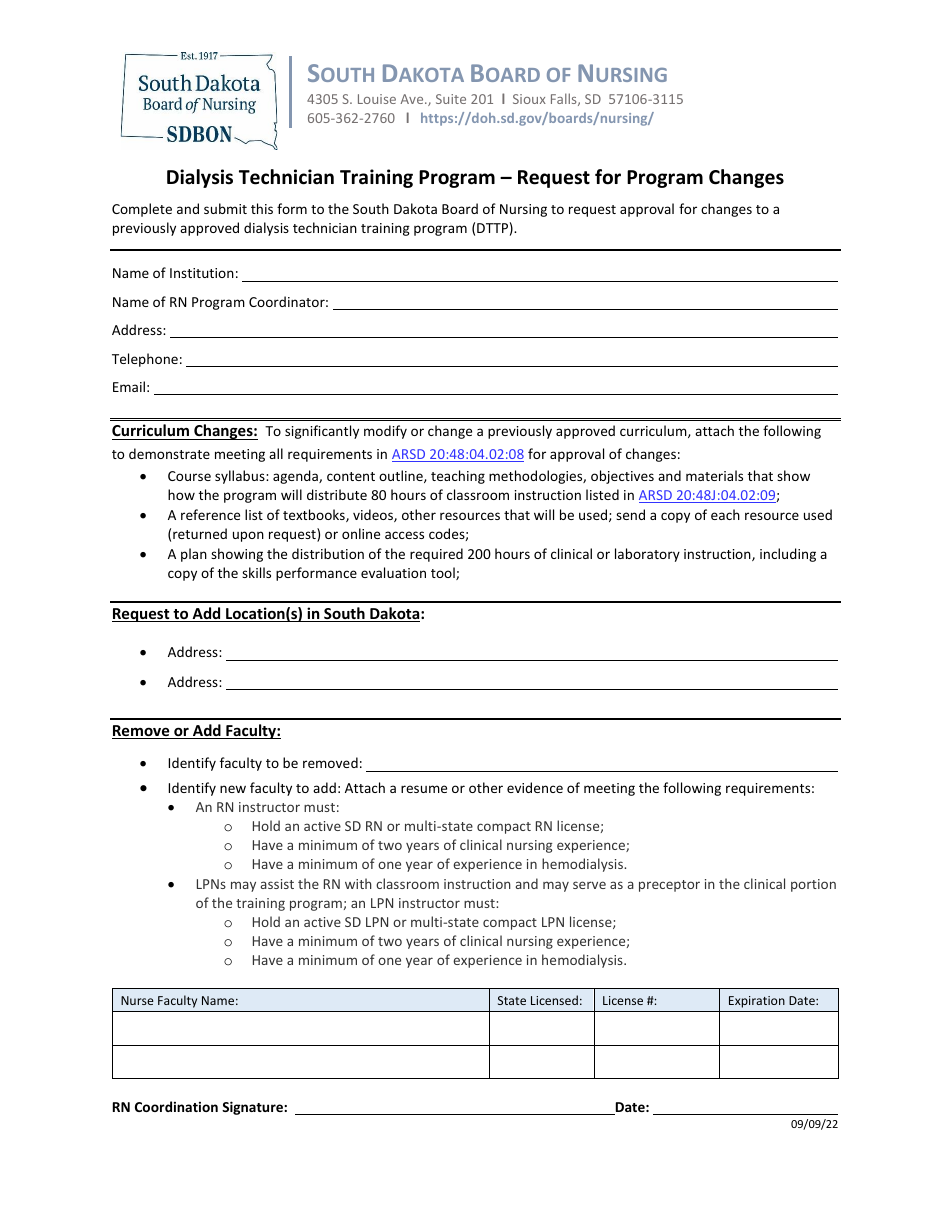 Request for Program Changes - Dialysis Technician Training Program - South Dakota, Page 1