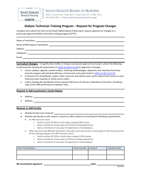 Request for Program Changes - Dialysis Technician Training Program - South Dakota