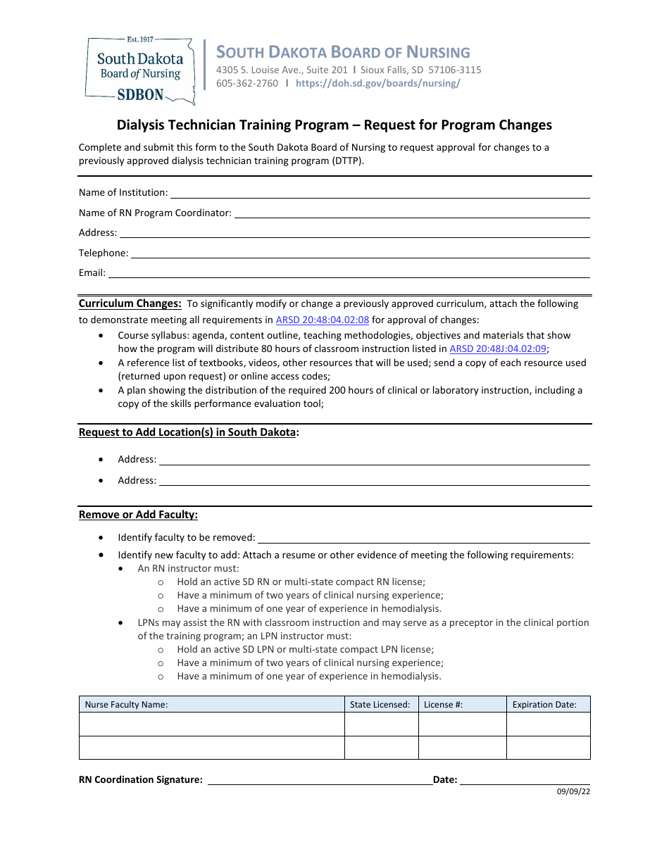 South Dakota Request for Program Changes Dialysis Technician Training