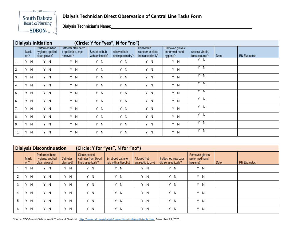 Dialysis Technician Direct Observation of Central Line Tasks Form - South Dakota, Page 1