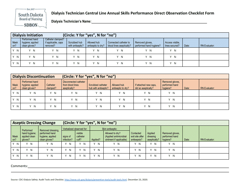 Dialysis Technician Central Line Annual Skills Performance Direct Observation Checklist Form - South Dakota Download Pdf