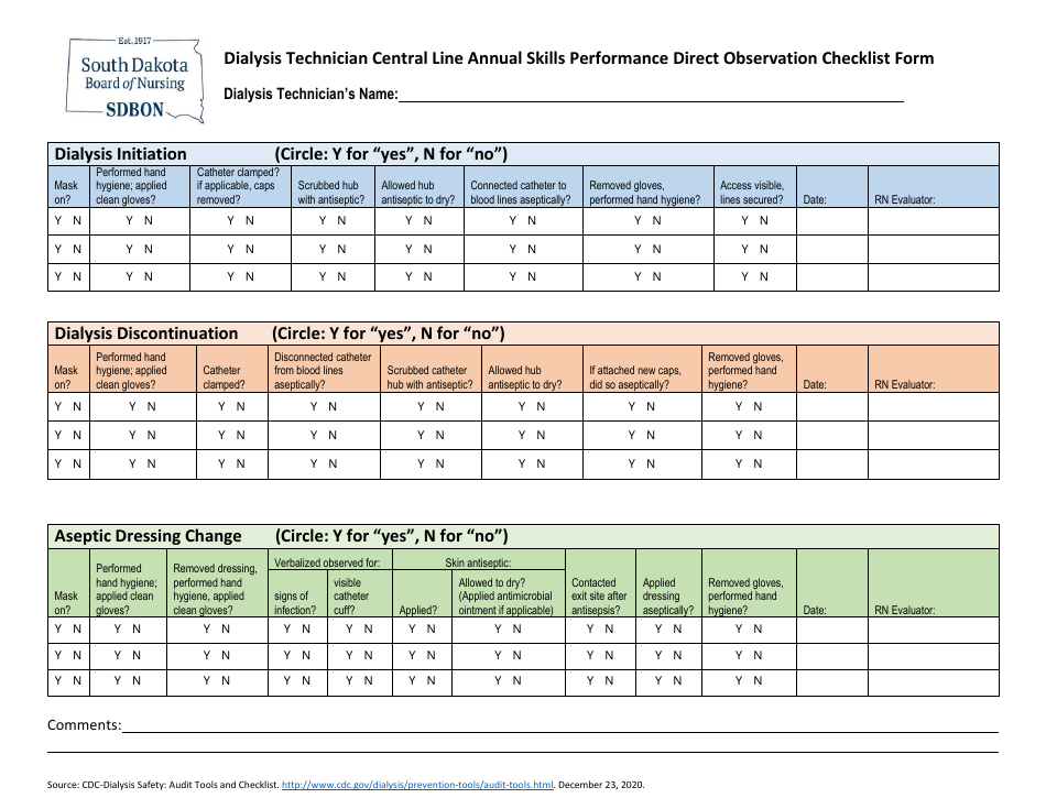 Dialysis Technician Central Line Annual Skills Performance Direct Observation Checklist Form - South Dakota, Page 1
