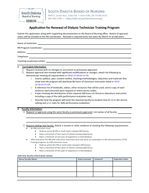 Application for Renewal of Dialysis Technician Training Program - South Dakota Download Pdf