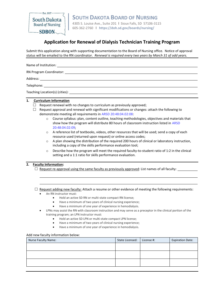 Application for Renewal of Dialysis Technician Training Program - South Dakota, Page 1
