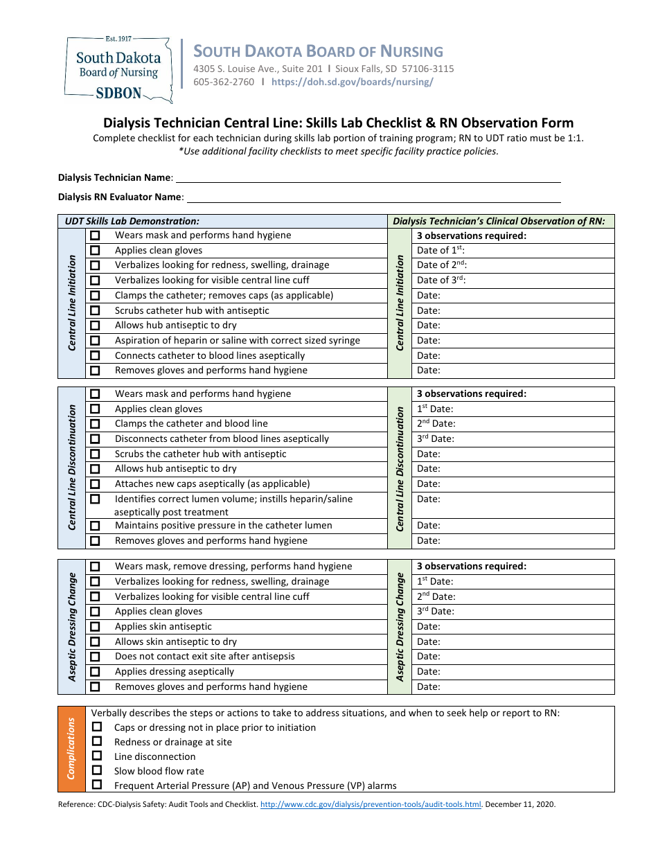 Dialysis Technician Central Line: Skills Lab Checklist  Rn Observation Form - South Dakota, Page 1