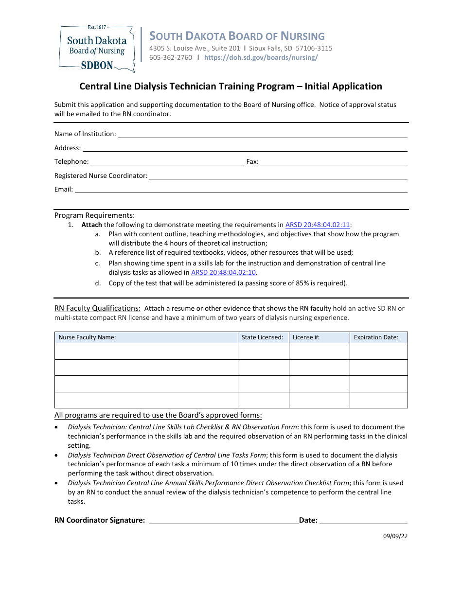 South Dakota Initial Application - Central Line Dialysis Technician ...