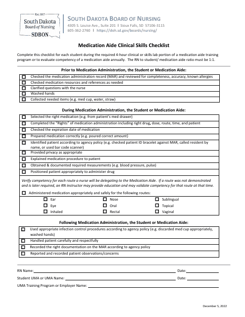 Medication Aide Clinical Skills Checklist - South Dakota Download Pdf