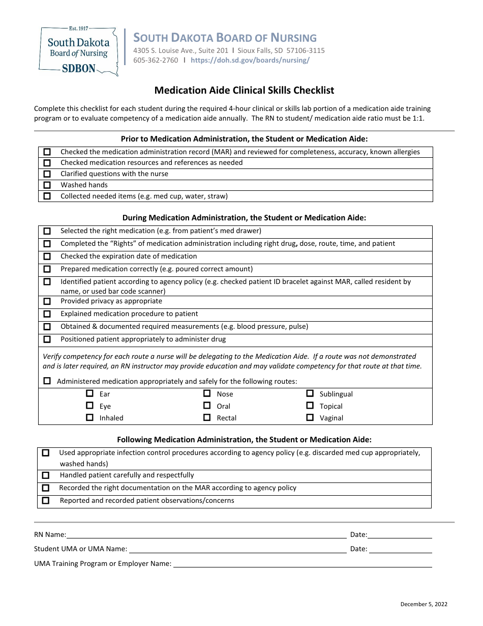 Medication Aide Clinical Skills Checklist - South Dakota, Page 1