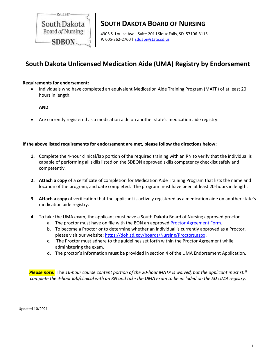 Uma Endorsement Application - South Dakota, Page 1