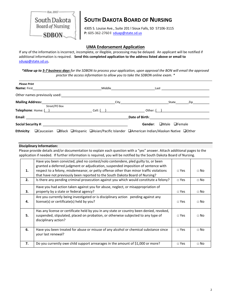Uma Endorsement Application - South Dakota, Page 2