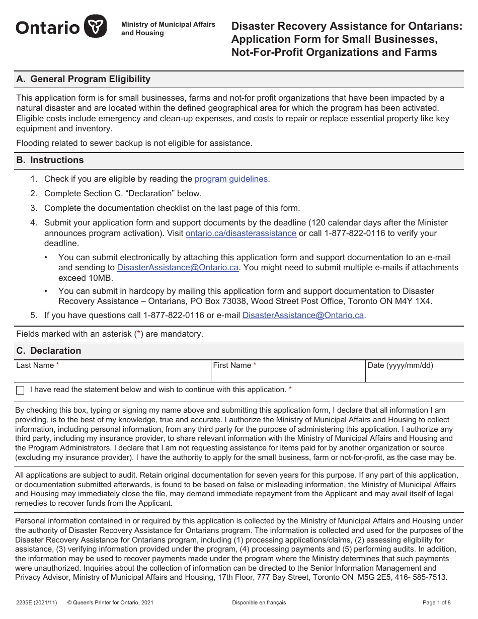 Form 2235E Disaster Recovery Assistance for Ontarians: Application Form for Small Businesses, Not-For-Profit Organizations and Farms - Ontario, Canada, Page 1