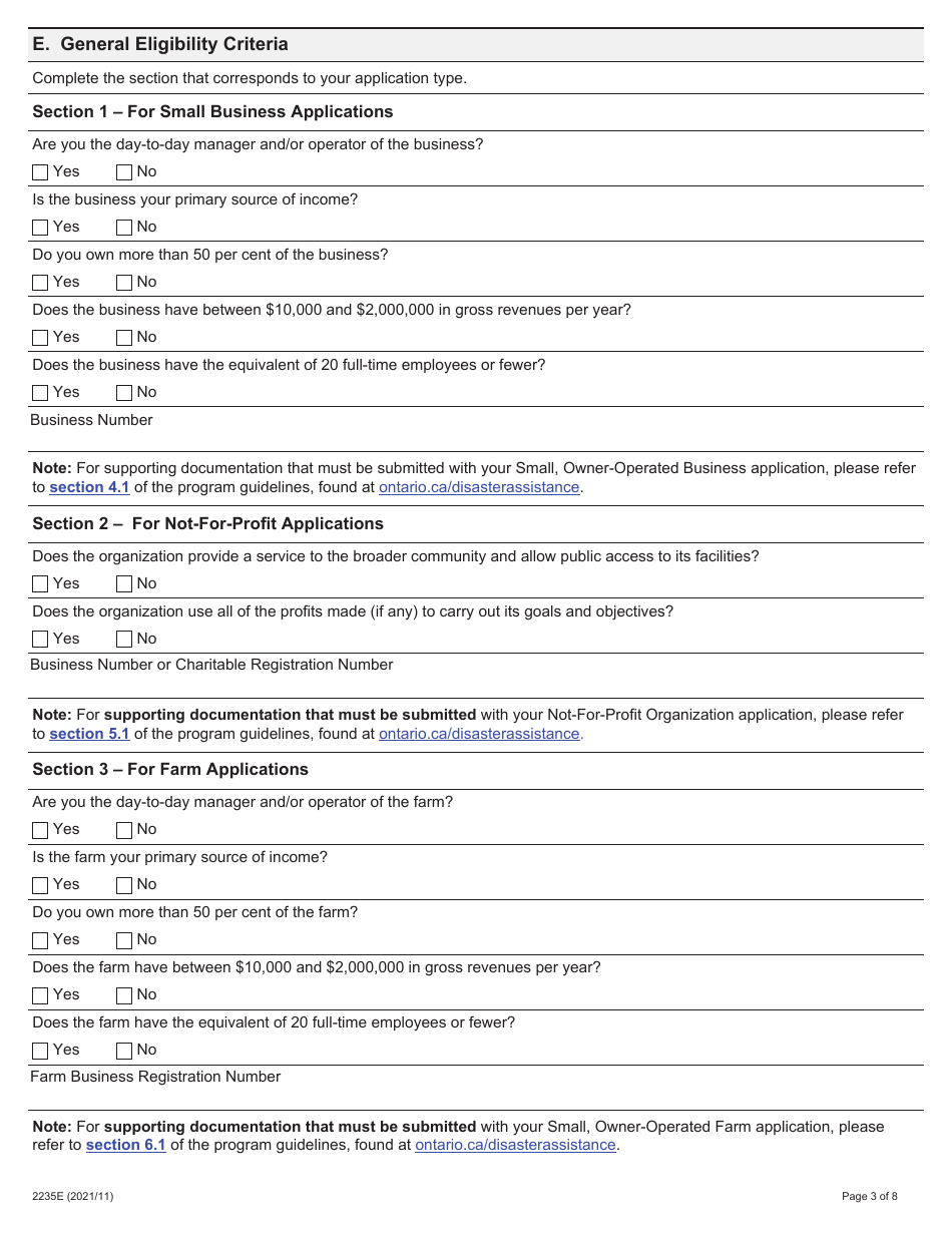 Form 2235E Disaster Recovery Assistance for Ontarians: Application Form for Small Businesses, Not-For-Profit Organizations and Farms - Ontario, Canada, Page 3