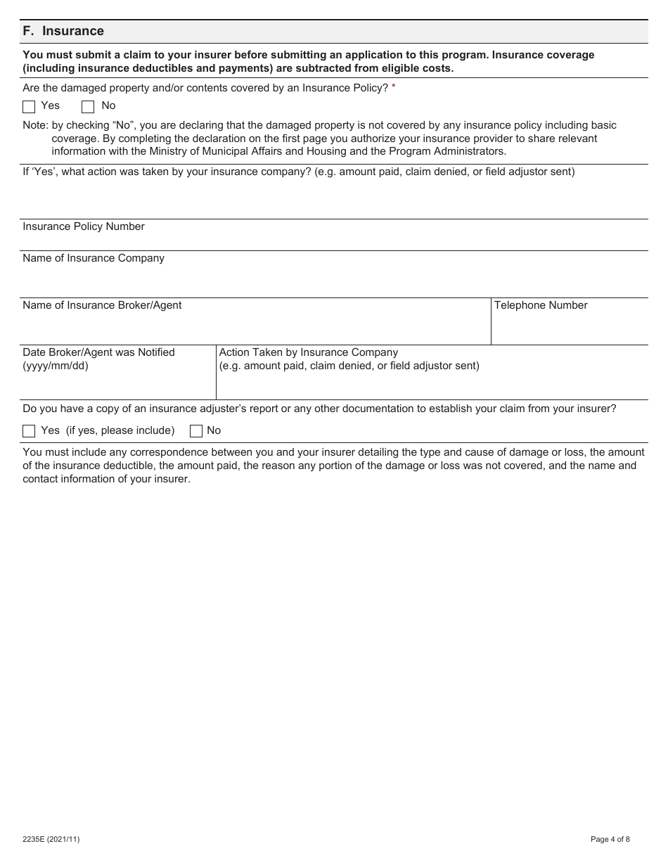 Form 2235E Disaster Recovery Assistance for Ontarians: Application Form for Small Businesses, Not-For-Profit Organizations and Farms - Ontario, Canada, Page 4