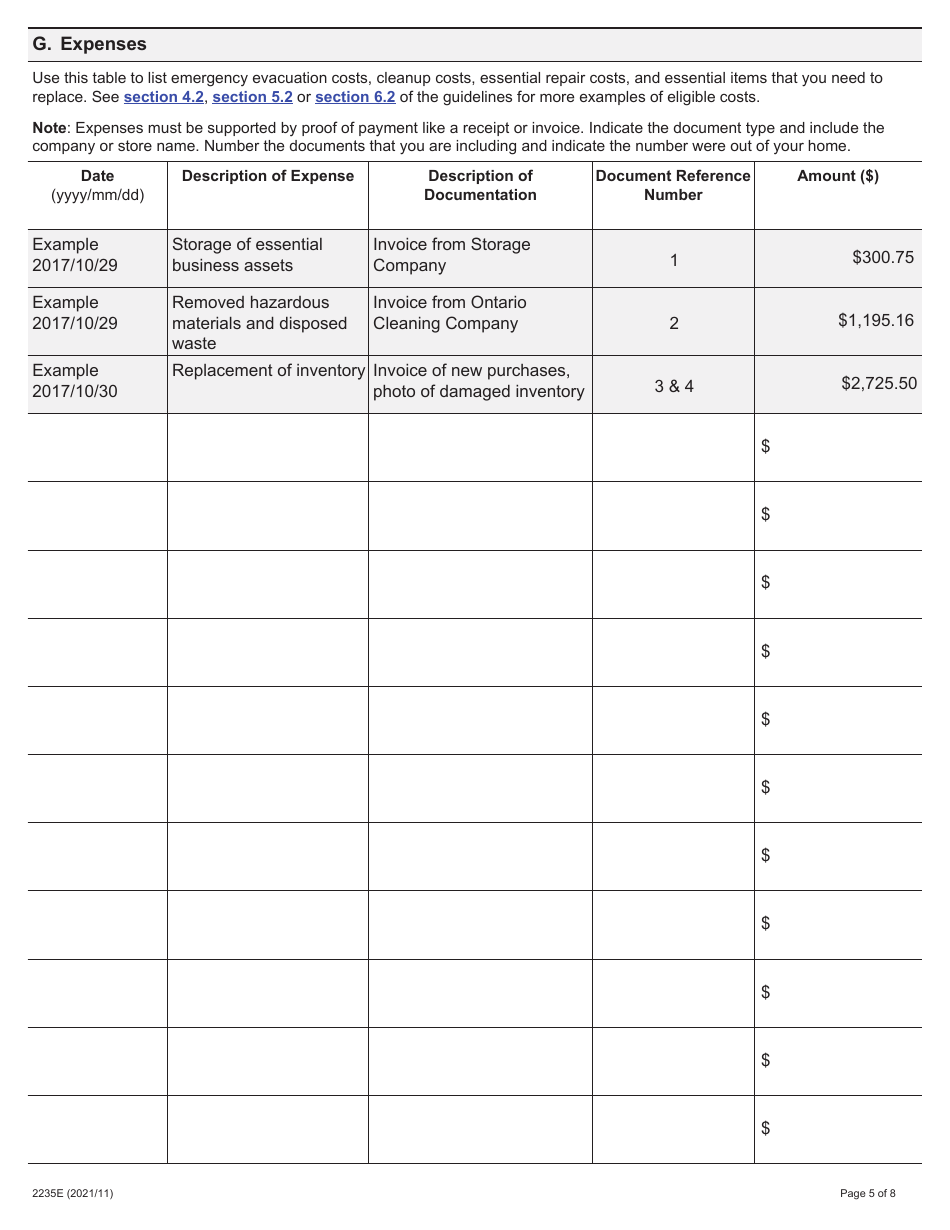 Form 2235E Disaster Recovery Assistance for Ontarians: Application Form for Small Businesses, Not-For-Profit Organizations and Farms - Ontario, Canada, Page 5