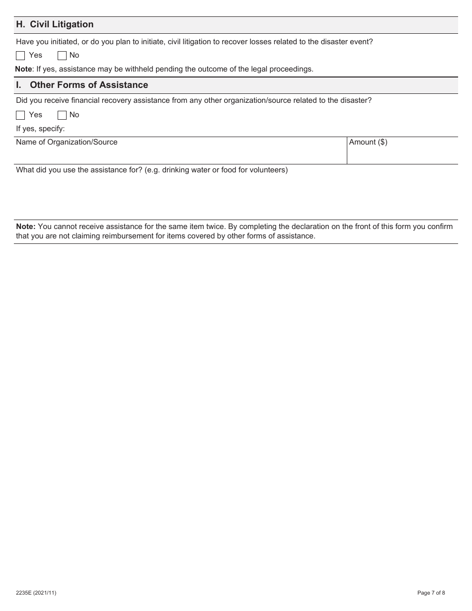 Form 2235E Disaster Recovery Assistance for Ontarians: Application Form for Small Businesses, Not-For-Profit Organizations and Farms - Ontario, Canada, Page 7