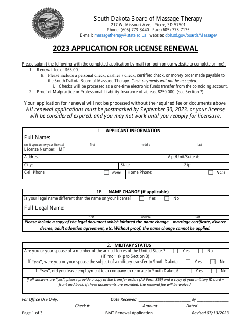 Application for License Renewal - South Dakota, 2023