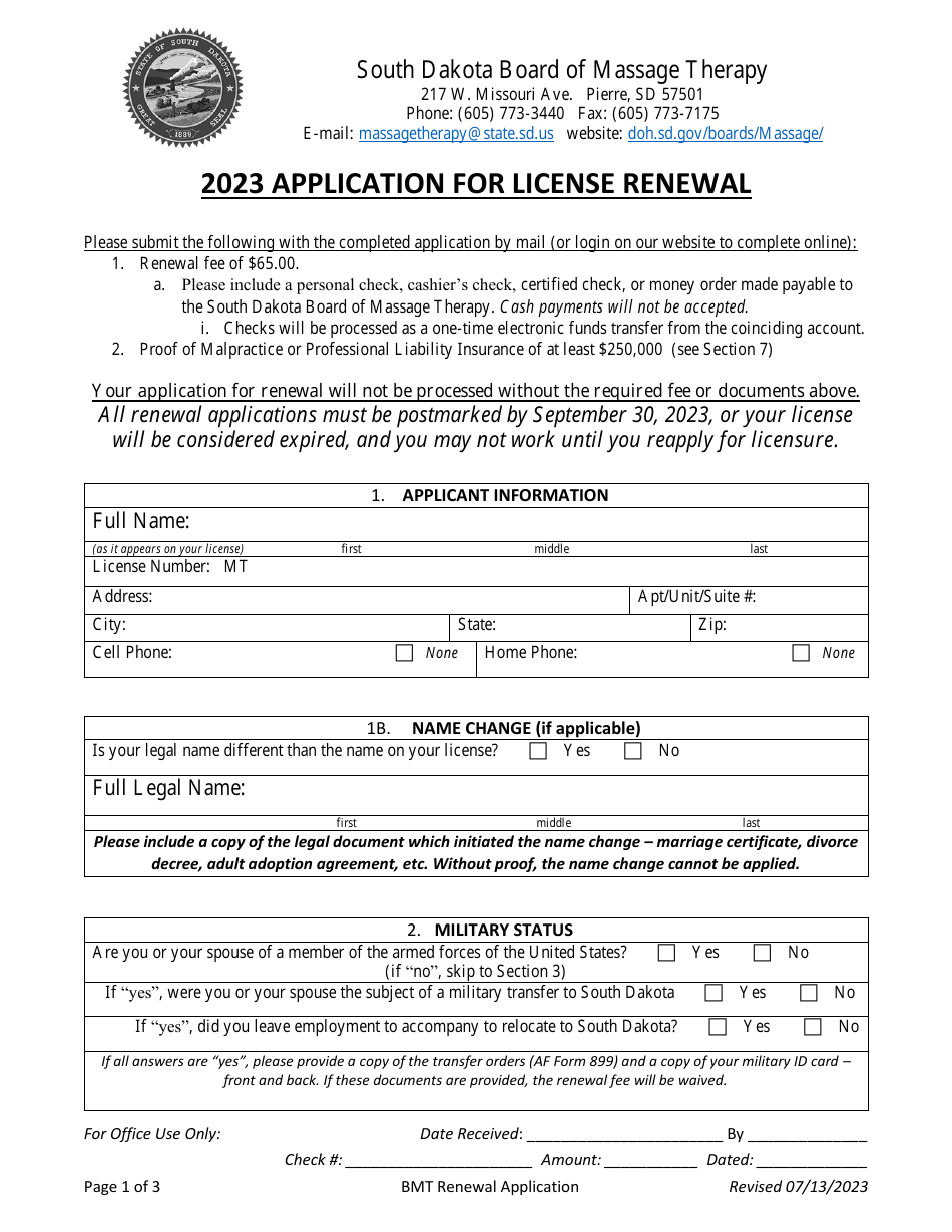 2023 South Dakota Application for License Renewal Fill Out, Sign