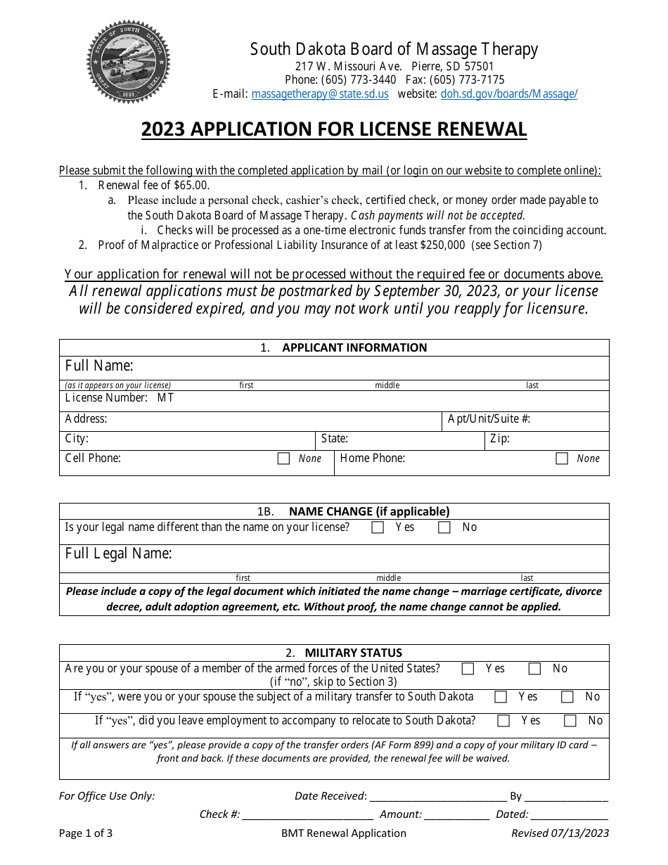 Application for License Renewal - South Dakota, Page 1